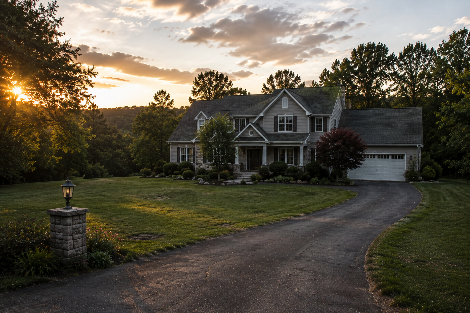 Luxury landscaped property at golden hour
